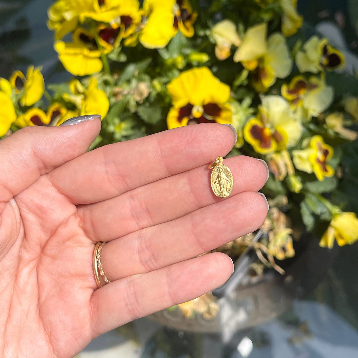 14KT Yellow Gold Mini Matte Oval Miraculous Medal Pendant Charm 12mm - LSJ