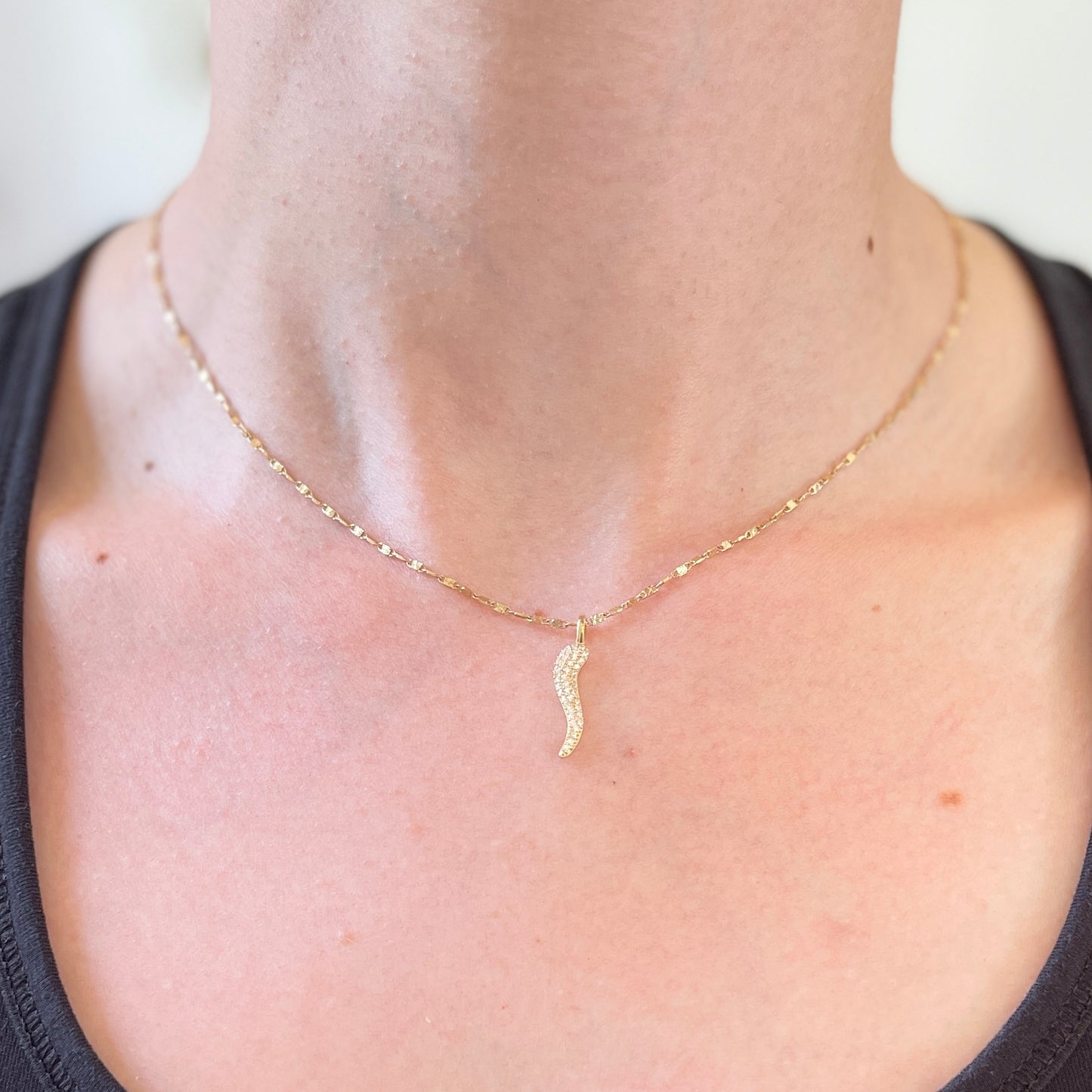 14KT Yellow Gold CZ Stone Cornicello Italian Horn Pendant 25mm