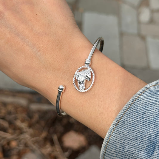 Sterling Silver Horse Head Detailed Bangle Bracelet