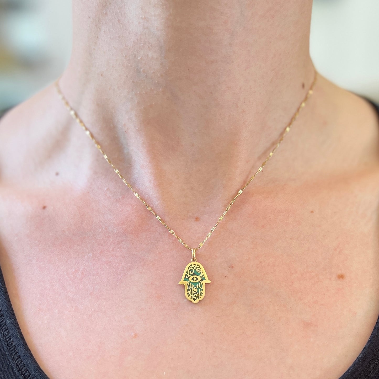 14KT Yellow Gold Malachite Filigree Hamsa Pendant Charm