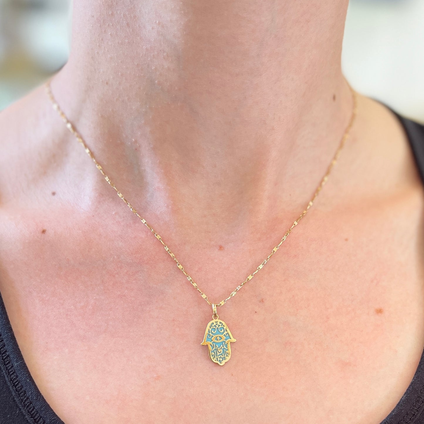14KT Yellow Gold Turquoise Filigree Hamsa Pendant Charm
