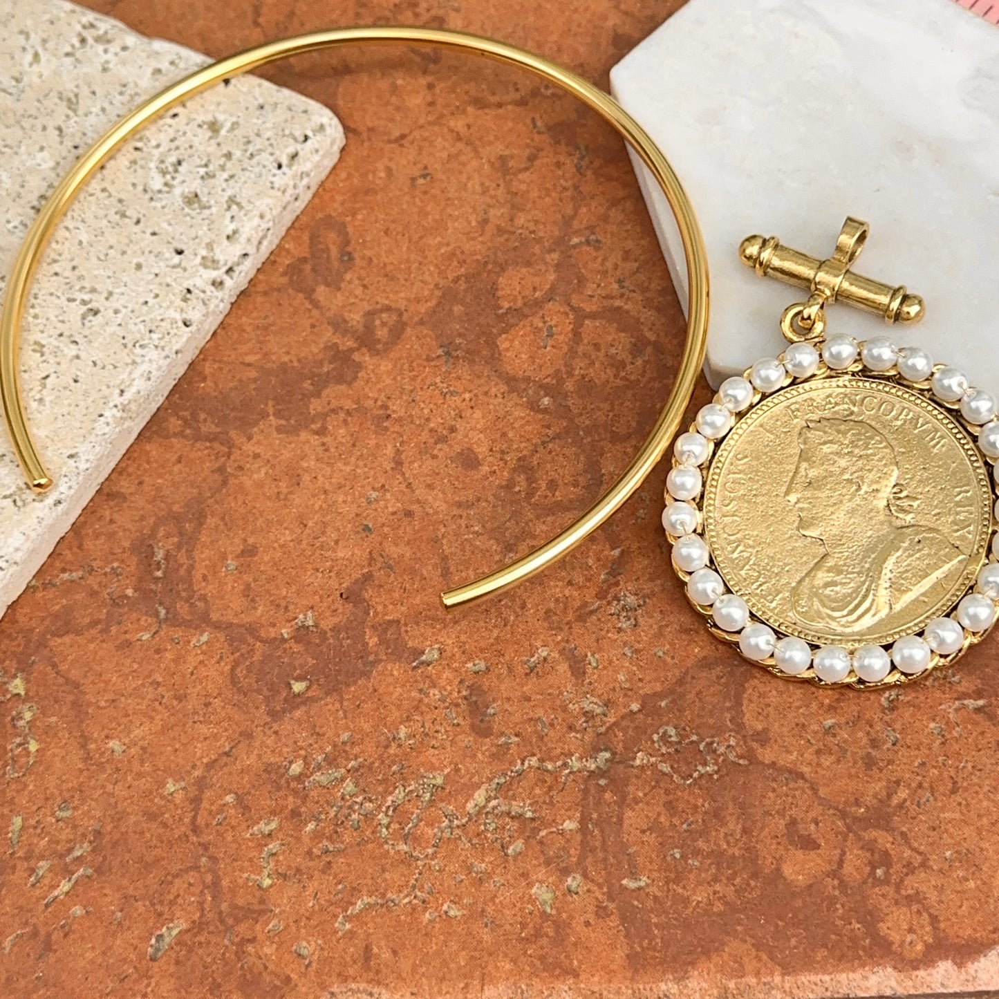 Yellow Gold-Plated Brass Faux Coin with Faux Pearl Frame on a Hard Open Collar Necklace
