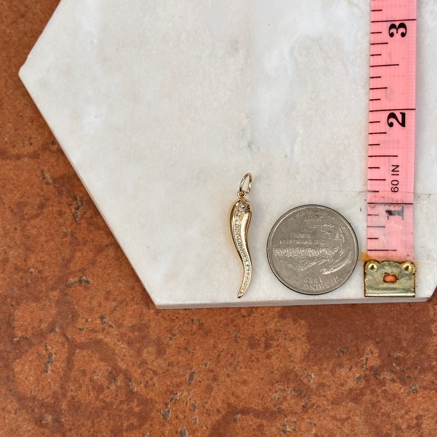 Estate 14KT Yellow Gold Solid Heavy Corno Italian Horn Pave Diamond Pendant