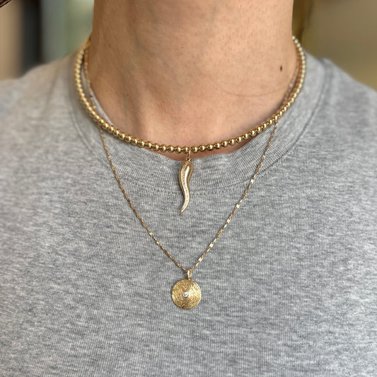 Estate 14KT Yellow Gold Solid Heavy Corno Italian Horn Pave Diamond Pendant