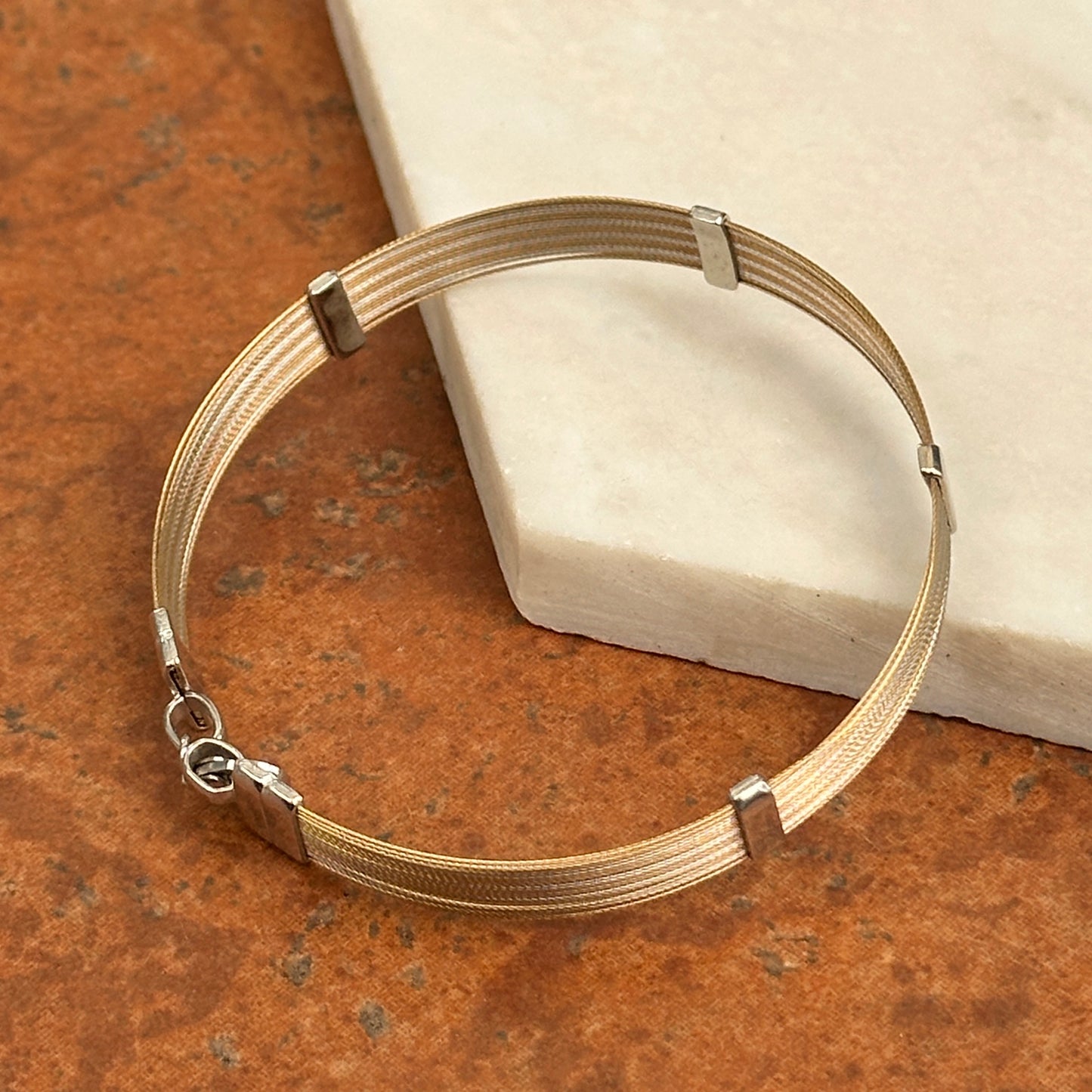 Estate 14KT Two-Tone White Gold + Yellow Gold Mesh Cable Soft Station Bangle Bracelet