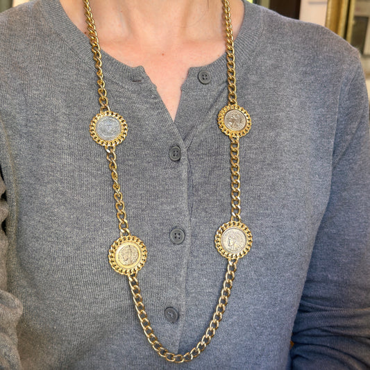 Estate Gold-Tone Republique Francaise Coin Long Necklace
