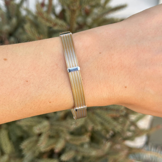 Estate 14KT Two-Tone White Gold + Yellow Gold Mesh Cable Soft Station Bangle Bracelet