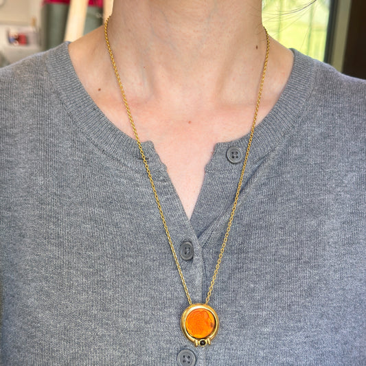 Estate Gold-Tone Orange Intaglio Bezel + Onyx Necklace