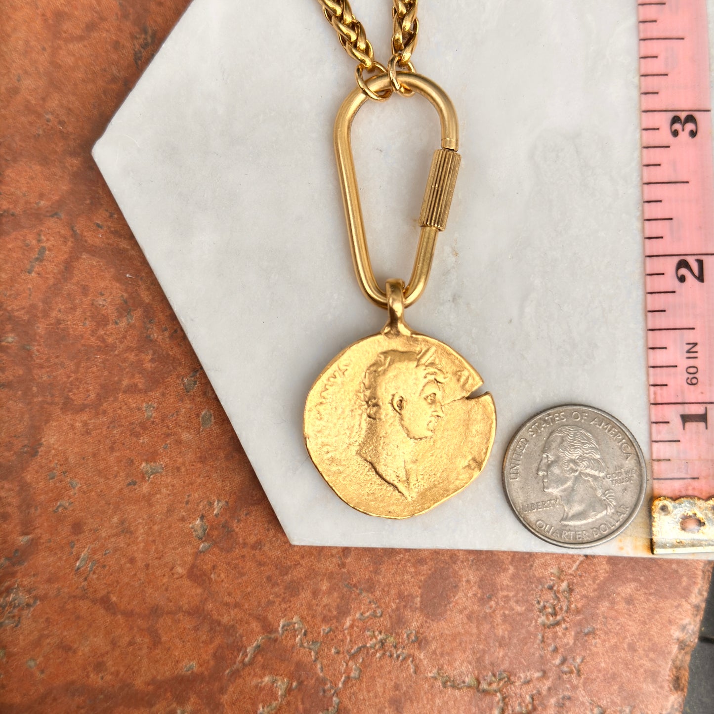 Gold-Plated Brass Faux Coin + Carabiner Chain Necklace