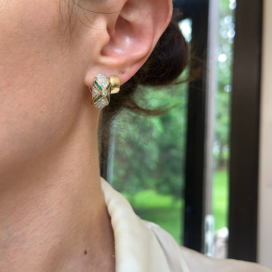 Estate 14KT Yellow Gold Pave Diamond + Square Emerald Omega Earrings