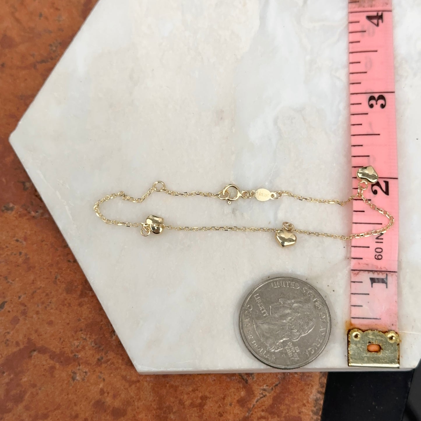 14KT Yellow Gold Hearts Charm Bracelet