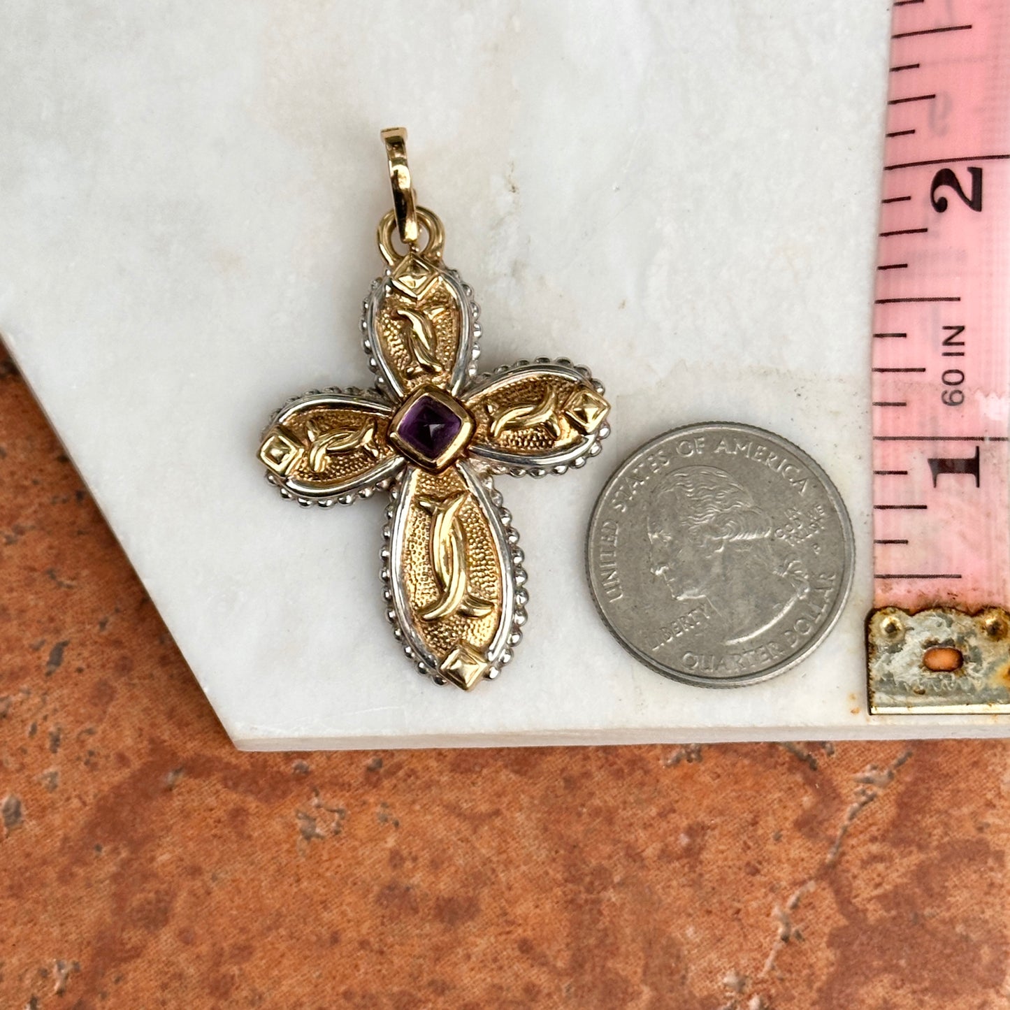 Estate 14KT Yellow Gold + White Gold Byzantine Amethyst Cross Pendant Enhancer