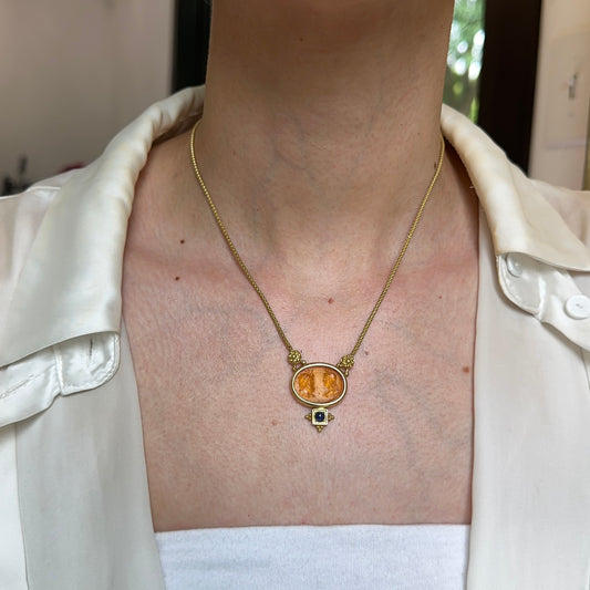 Estate Italian 18KT Yellow Gold Etruscan Venetian Intaglio Glass Sapphire Pendant Necklace