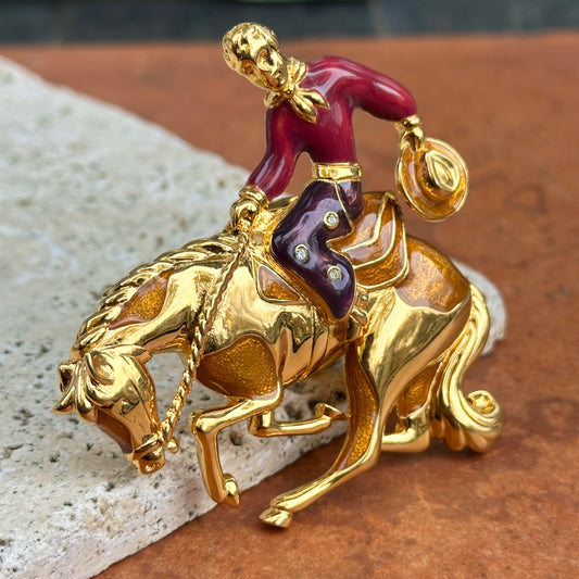 Vintage Yellow Gold-Plated Bob Mackie Cowboy Bucking Bronco Enamel + Rhinestone Brooch