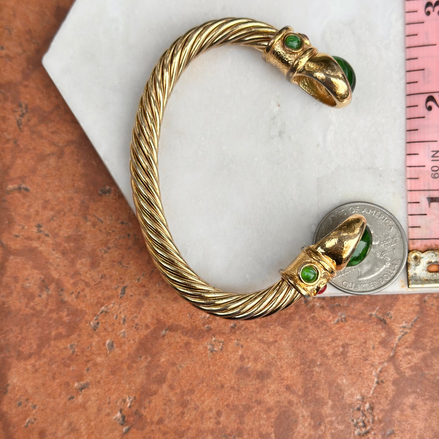 Yellow Gold-Plated Twisted Unisex Synthetic Cabochon Stone Cuff Bracelet