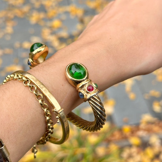 Yellow Gold-Plated Twisted Unisex Synthetic Cabochon Stone Cuff Bracelet