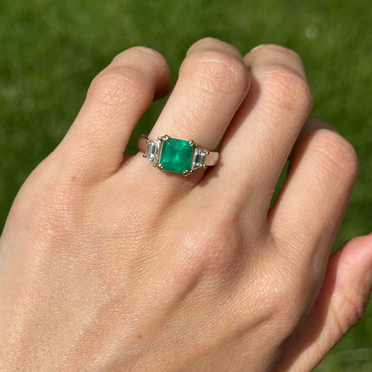 14KT White Gold Emerald-Cut 2.24 CT Emerald + Trapezoid Diamond Ring