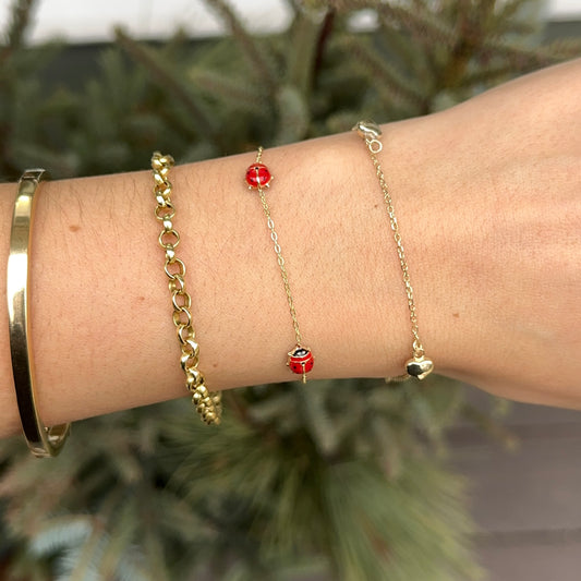 14KT Yellow Gold Red Enamel Triple Ladybug Bracelet - LSJ