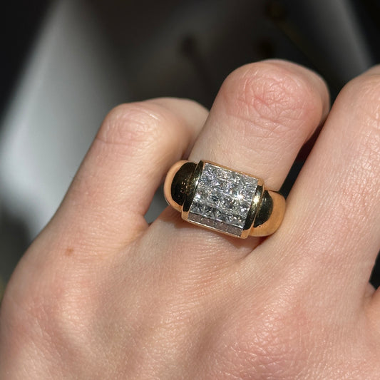 Estate 18KT Yellow Gold Princess-Cut Diamond Wide Cigar Ring - LSJ