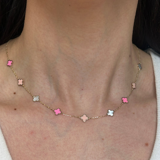 14KT Yellow Gold 7mm Tri-Color Pink Enamel + White Mother of Pearl Clover Necklace