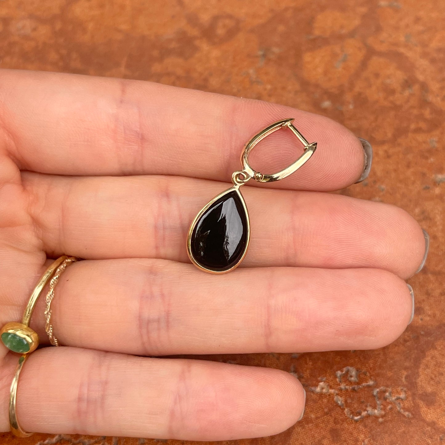 Estate 14KT Yellow Gold Teardrop Onyx Charm Hoop Earrings