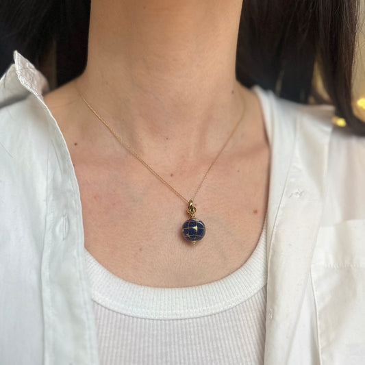 Vintage 14KT Yellow Gold Blue Lapis + Mother of Pearl Gold Globe Slide Pendant