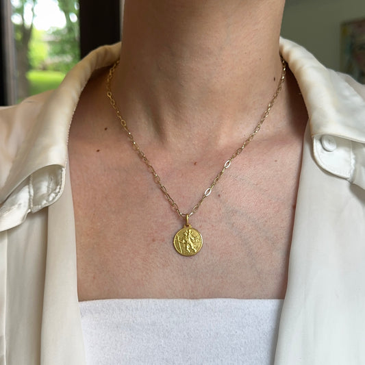 14KT Yellow Gold Matte St Christopher Round Medal Pendant 16mm