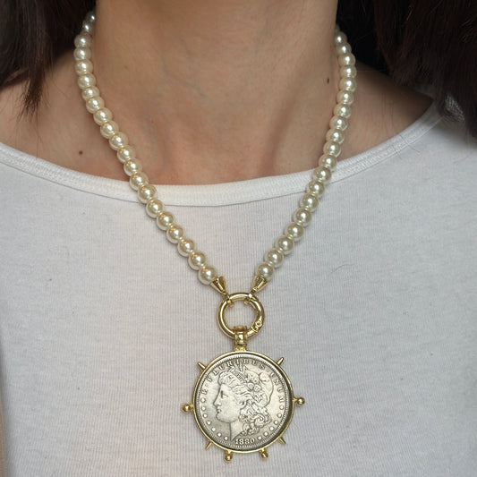 Estate Gold-Plated Silver Lady Liberty One Dollar Coin Bezel on Faux Pearl Necklace