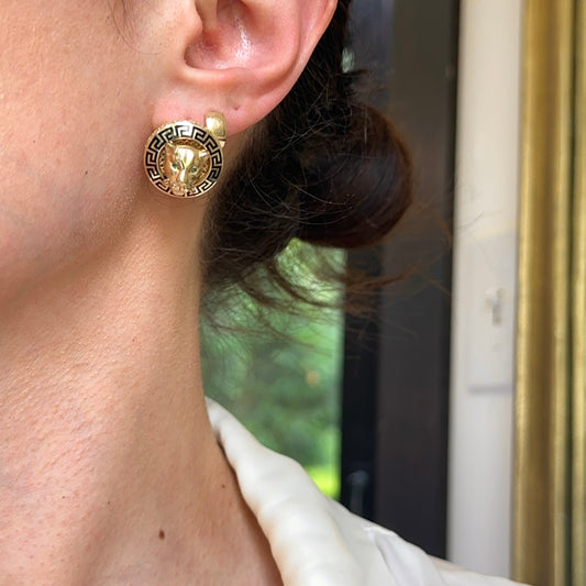 14KT Yellow Gold Italian Black Enamel Greek Key Gold Panther Omega Back Earrings