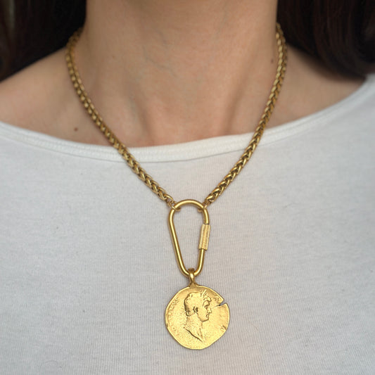 Gold-Plated Brass Faux Coin + Carabiner Chain Necklace