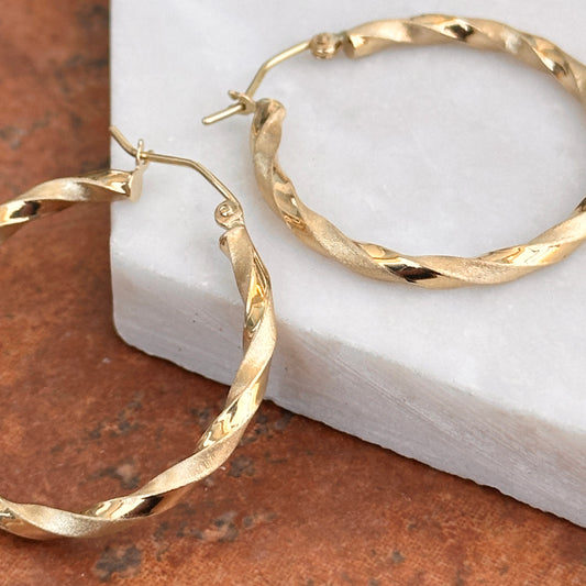 14KT Yellow Gold Polished and Satin Twisted Ribbon 3D Tube Earrings