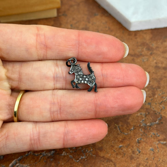 Sterling Silver Pave Diamond Horse Pendant Charm Small Blackened