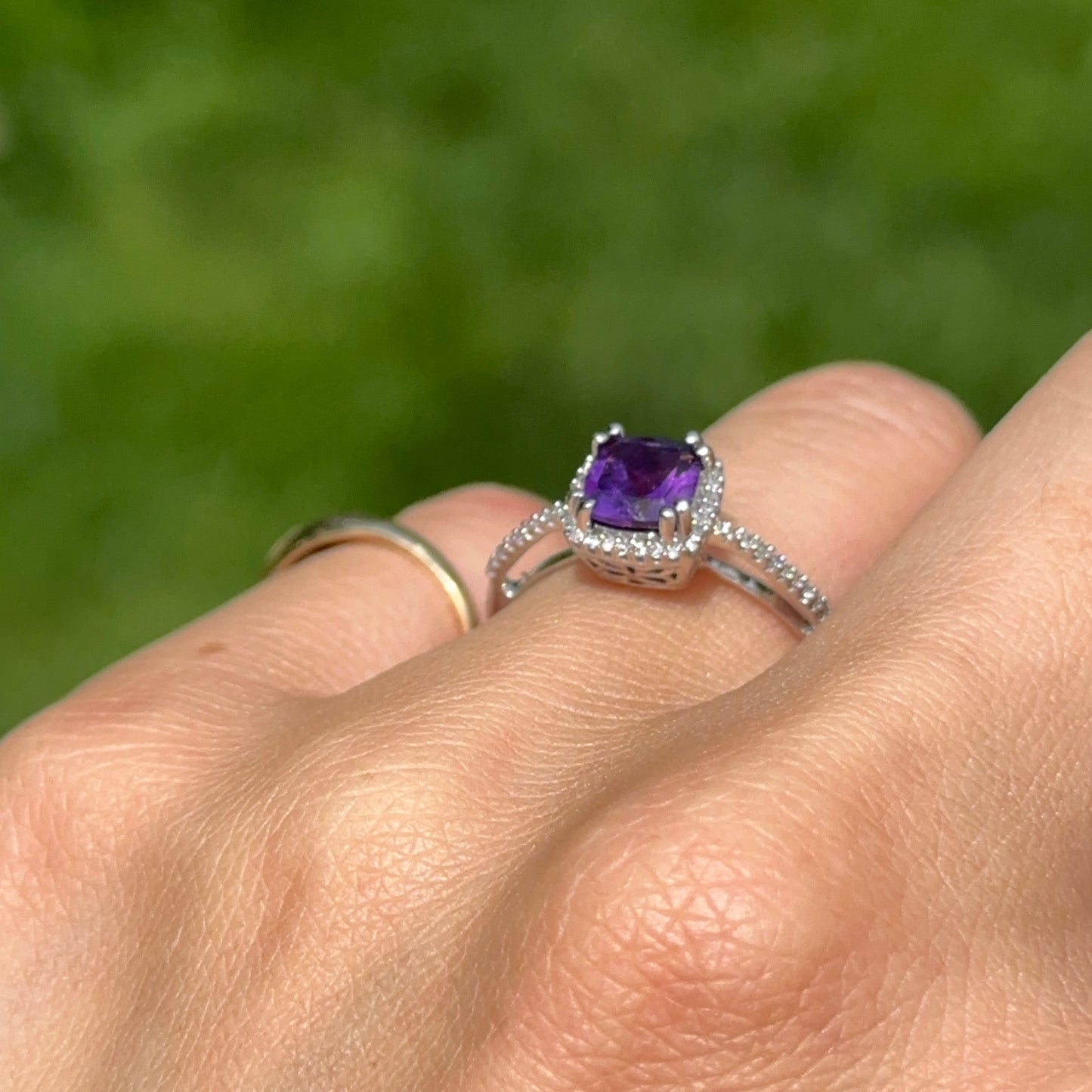 Estate 10KT White Gold Cushion Purple Amethyst + Halo Diamond Ring