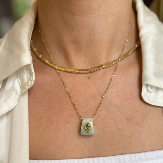Estate 14KT Yellow Gold Tapered Pale Jade + Bezel Peridot Pendant Slide