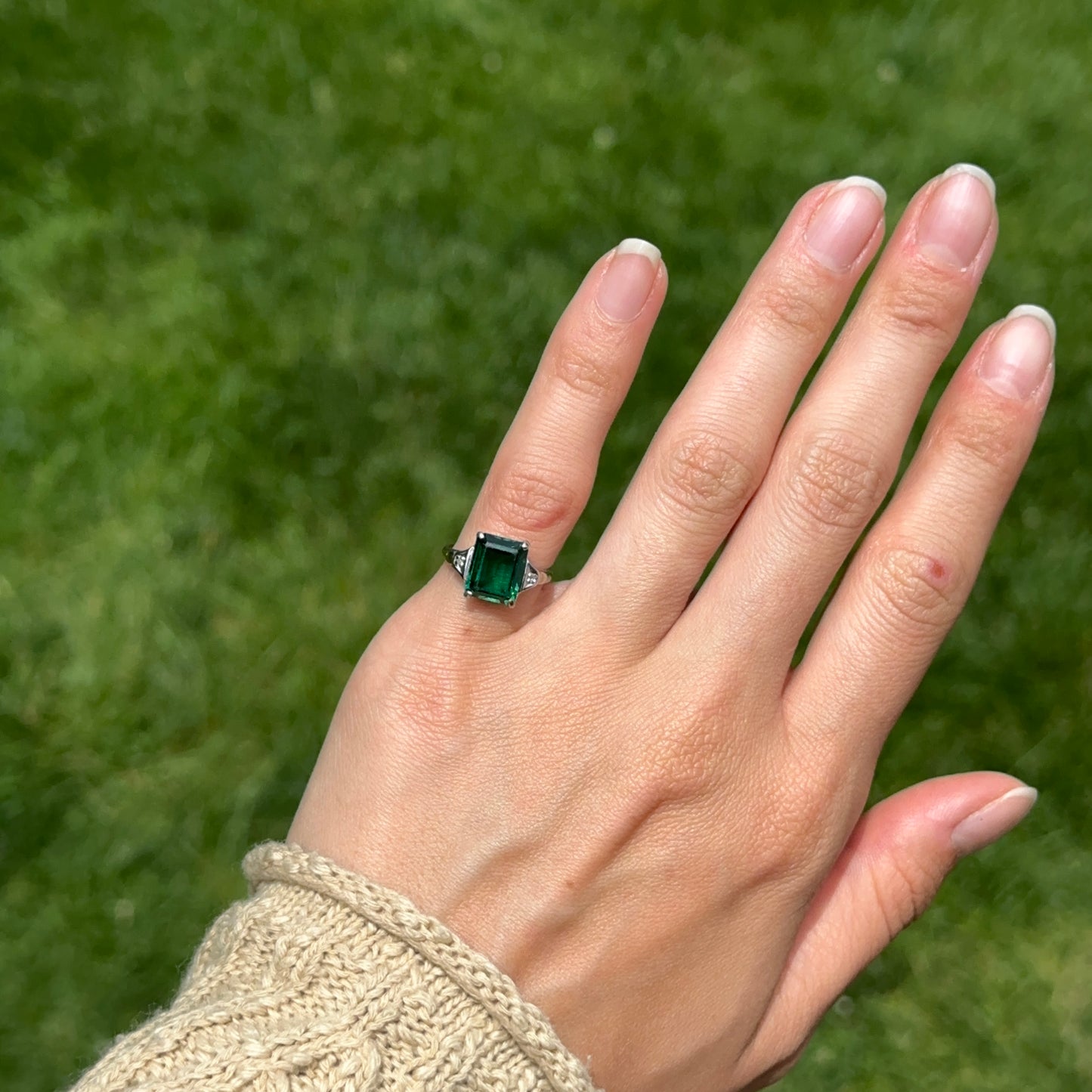 Estate 10KT White Gold Emerald-Cut Lab Emerald + Diamond Ring