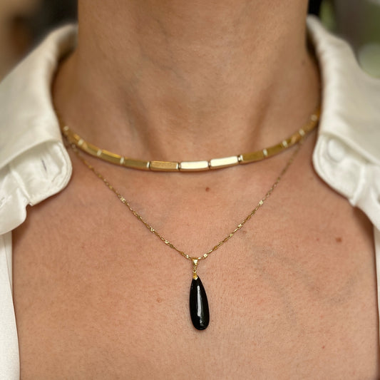 Estate 14KT Yellow Gold Teardrop Black Onyx Pendant 30mm
