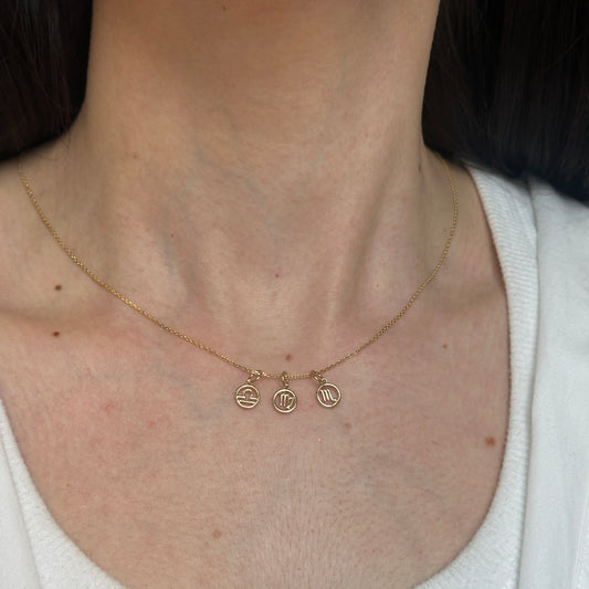 14KT Yellow Gold Mini Zodiac Sign Round Pendant Charm - Choose your Sign