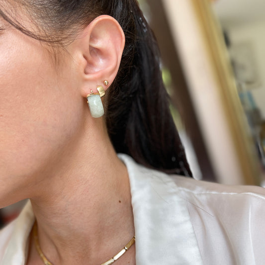 Estate 14KT Yellow Gold Genuine Light Jade Huggie Hoop Earrings