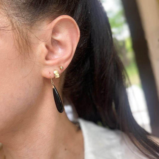 Estate 14KT Yellow Gold Long Teardrop Black Onyx Dangle Earrings
