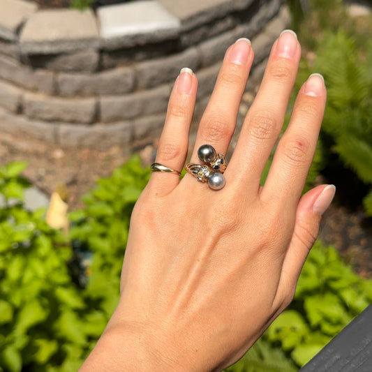 Estate Byzantine 14KT Yellow Gold Tahitian Pearl + Sapphire Bypass Ring