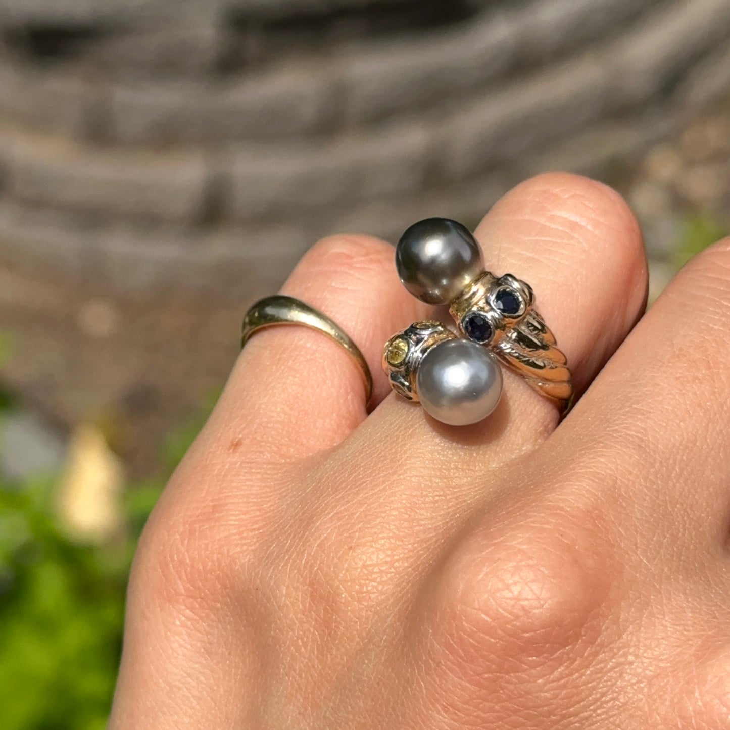 Estate Byzantine 14KT Yellow Gold Tahitian Pearl + Sapphire Bypass Ring