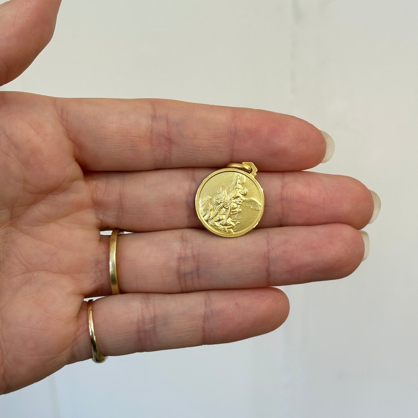 14KT Yellow Gold Matte St Michael Round Medal Pendant 18mm