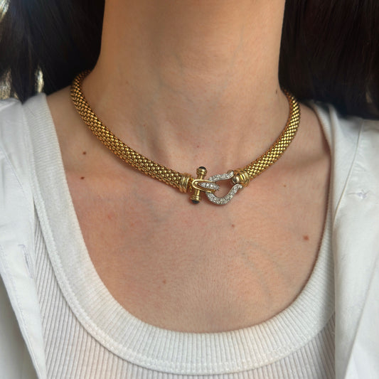 Estate 14KT Yellow Gold Popcorn Diamond Bridle + Onyx Necklace