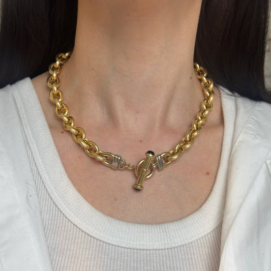 Estate 14KT Yellow Gold Textured Shiny Rolo Links + Onyx Toggle Necklace