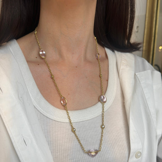 Estate Stambolian 18KT Yellow Gold Pink Kunzite + Diamond Station Necklace