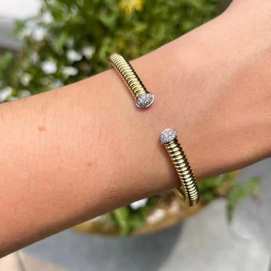 18KT Yellow Gold Pave Diamond End Cap Corrugated Cuff Bangle Bracelet