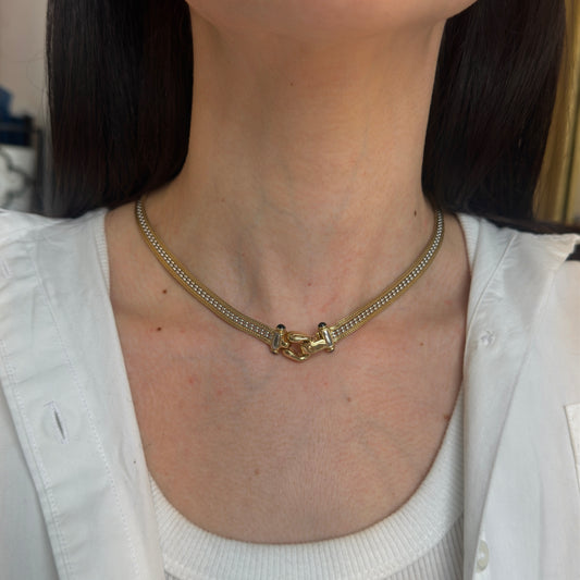 Estate 14KT Yellow + White Gold Weave Buckle Clasp Onyx Necklace