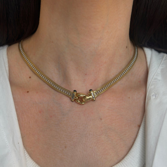 Estate 14KT Yellow + White Gold Weave Buckle Clasp Onyx Necklace