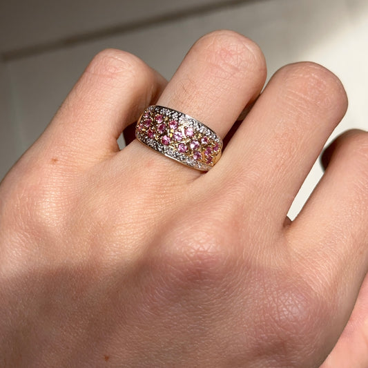Estate 14KT Yellow Gold Pave Pink Sapphire + Diamond Band Ring - LSJ