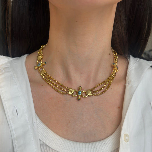 Estate Italian 14KT Yellow Gold Byzantine Blue Topaz Station Necklace